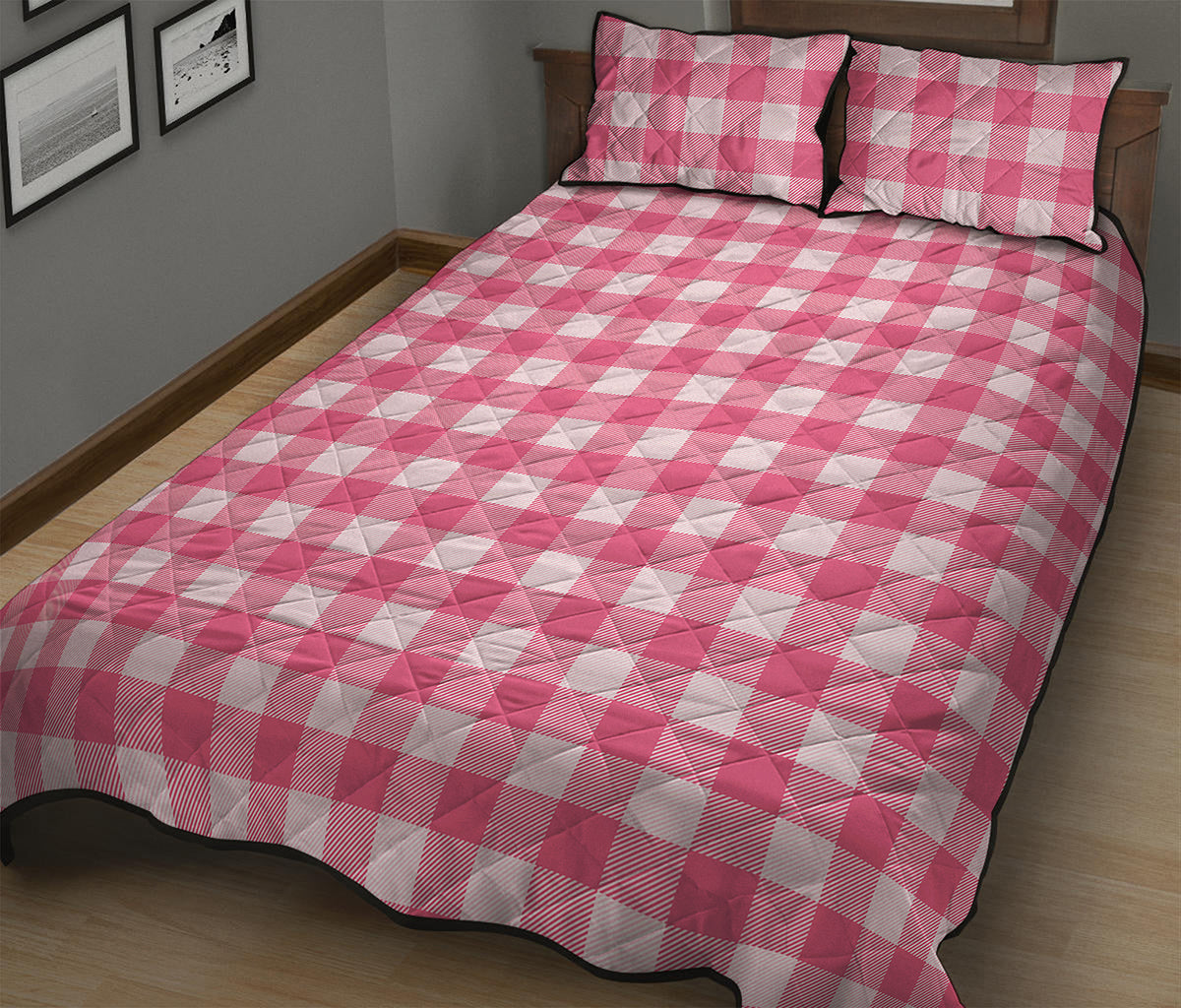Pink And White Buffalo Check Print Quilt Bed Set