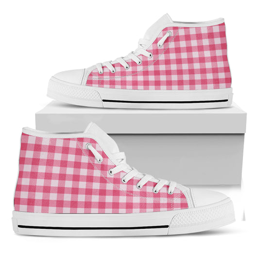 Pink And White Buffalo Check Print White High Top Shoes