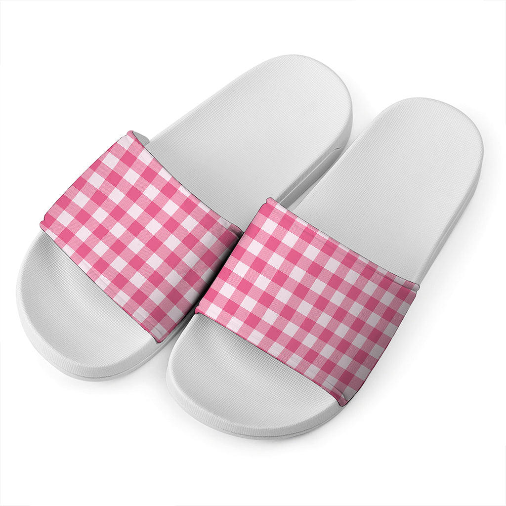 Pink And White Buffalo Check Print White Slide Sandals
