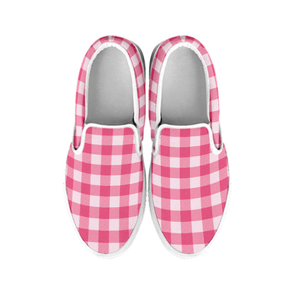 Pink And White Buffalo Check Print White Slip On Shoes