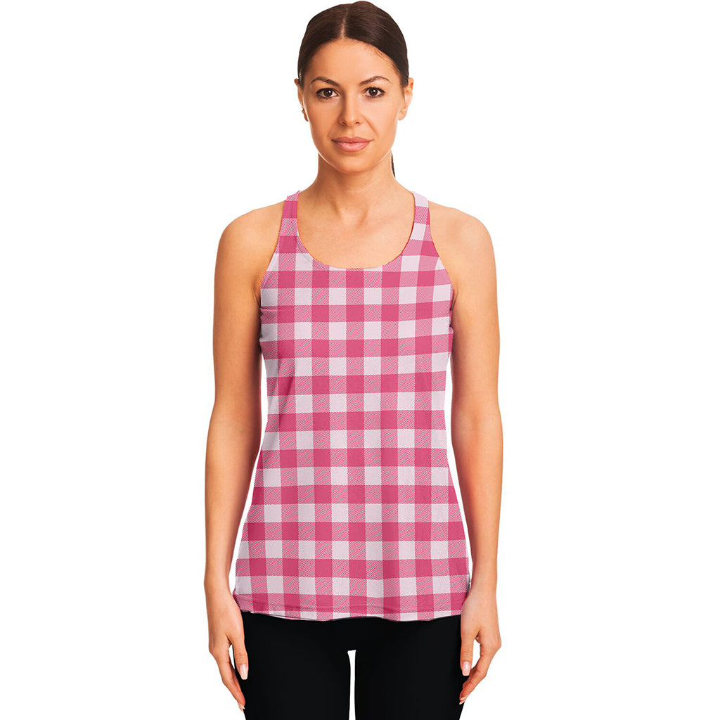Pink And White Buffalo Check Print Women's Racerback Tank Top