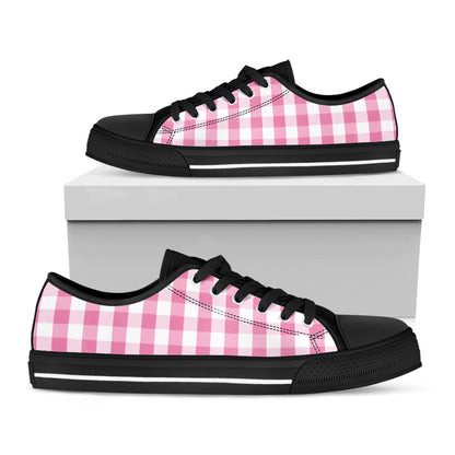 Pink And White Check Pattern Print Black Low Top Shoes