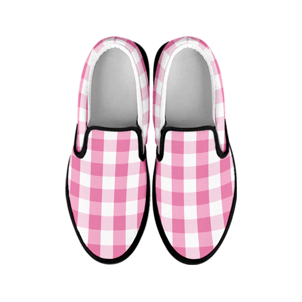 Pink And White Check Pattern Print Black Slip On Shoes