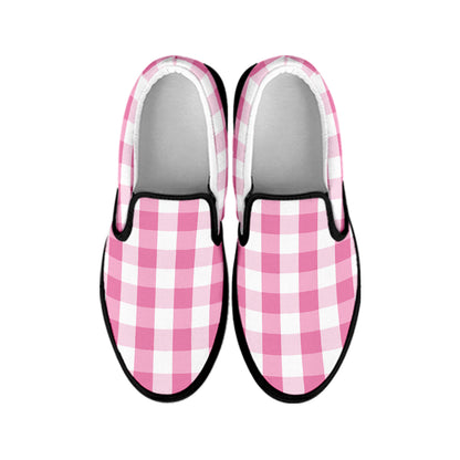 Pink And White Check Pattern Print Black Slip On Shoes