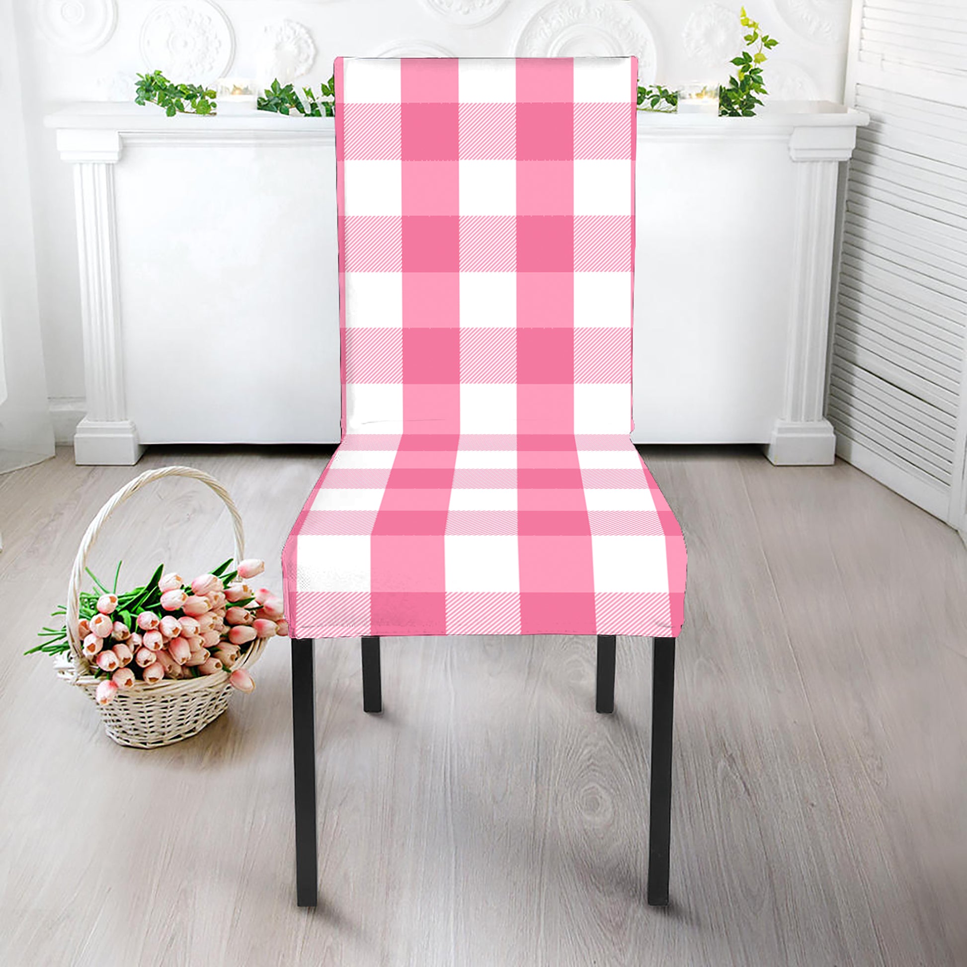 Pink And White Check Pattern Print Dining Chair Slipcover