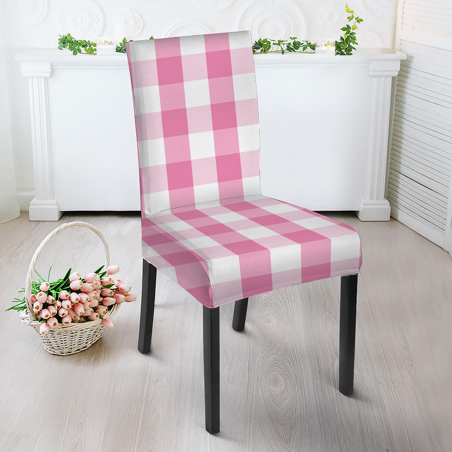 Pink And White Check Pattern Print Dining Chair Slipcover