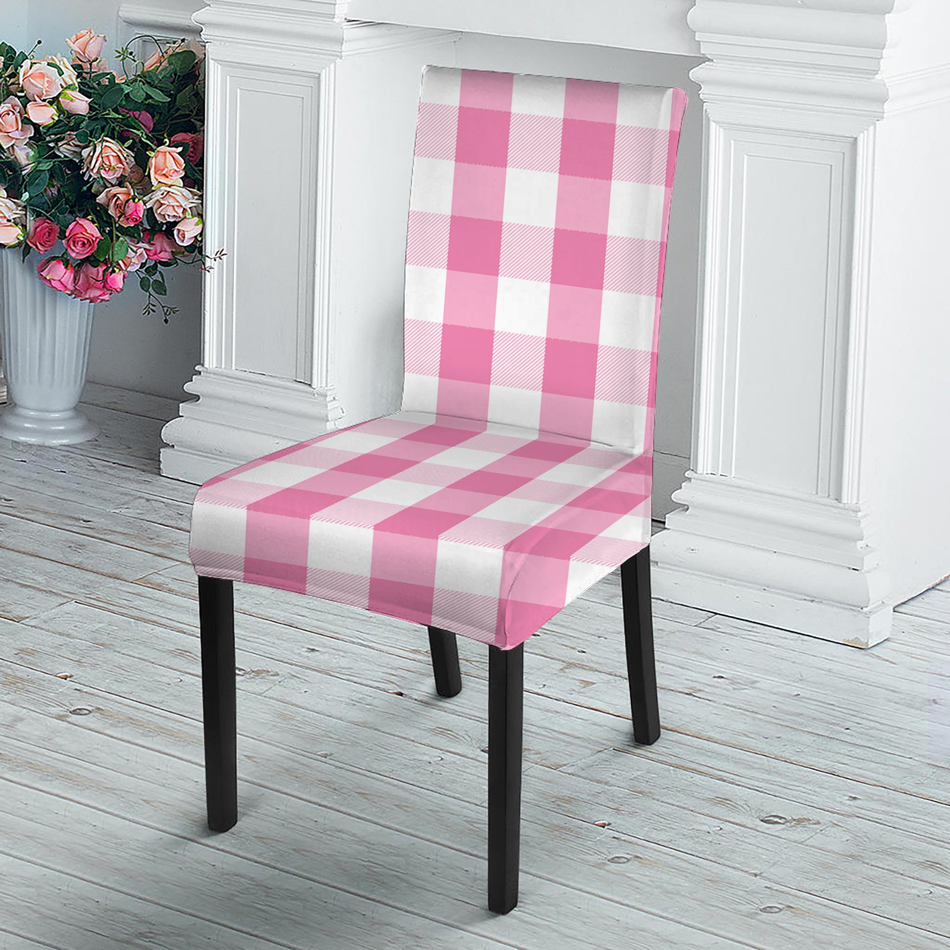 Pink And White Check Pattern Print Dining Chair Slipcover