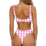 Pink And White Check Pattern Print Front Bow Tie Bikini