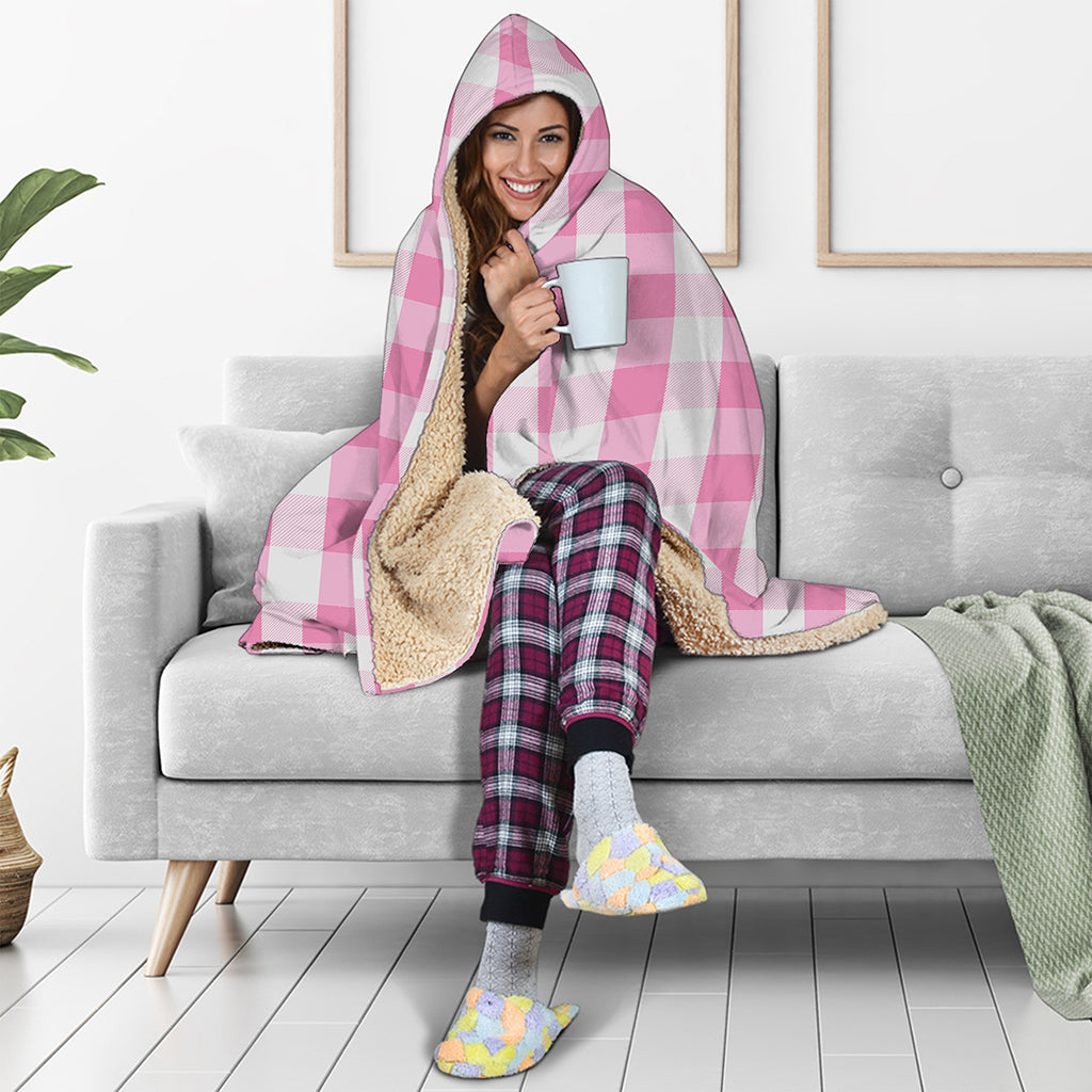 Pink And White Check Pattern Print Hooded Blanket
