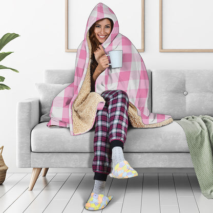 Pink And White Check Pattern Print Hooded Blanket