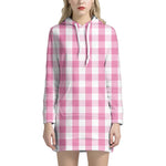 Pink And White Check Pattern Print Hoodie Dress