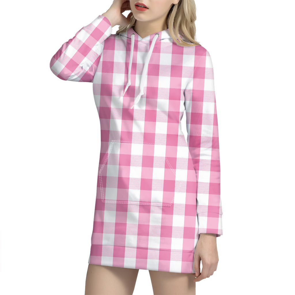 Pink And White Check Pattern Print Hoodie Dress