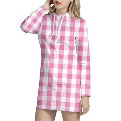 Pink And White Check Pattern Print Hoodie Dress
