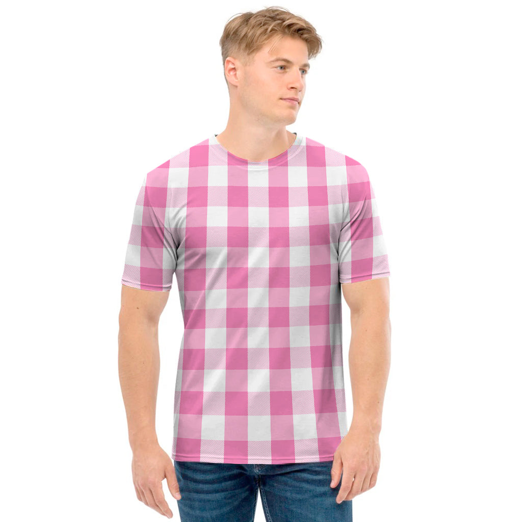 Pink And White Check Pattern Print Men's T-Shirt