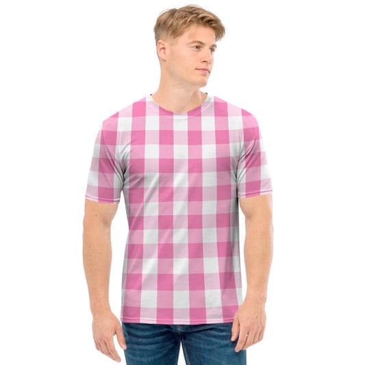 Pink And White Check Pattern Print Men's T-Shirt