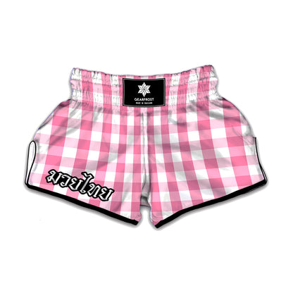Pink And White Check Pattern Print Muay Thai Boxing Shorts