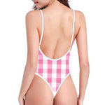 Pink And White Check Pattern Print One Piece High Cut Swimsuit