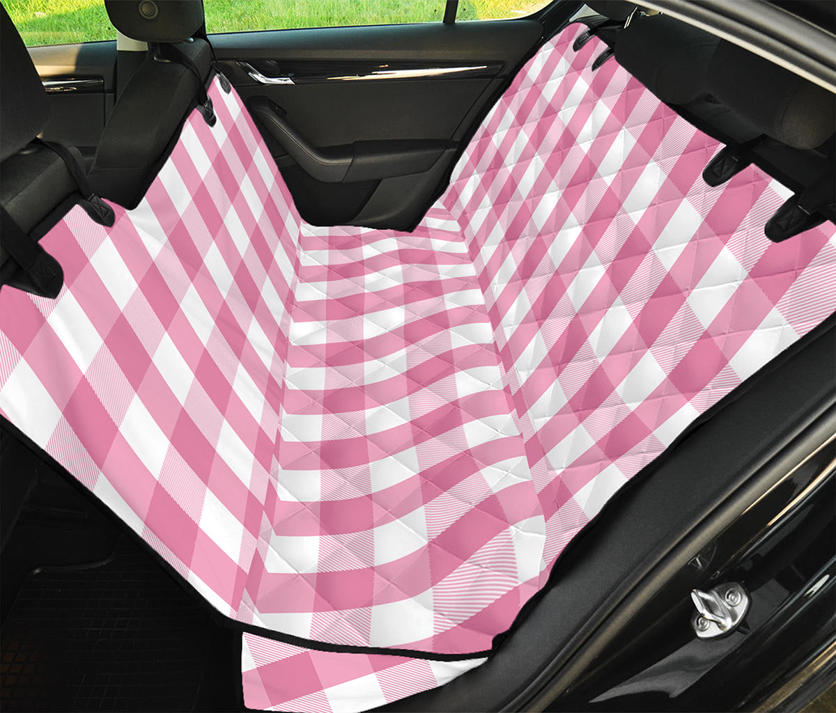 Pink And White Check Pattern Print Pet Car Back Seat Cover