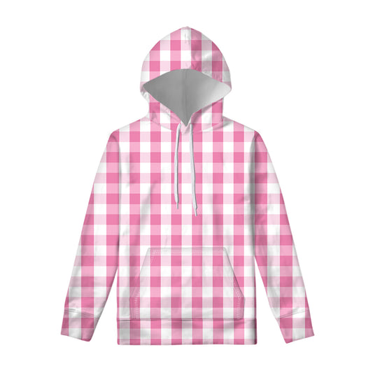Pink And White Check Pattern Print Pullover Hoodie