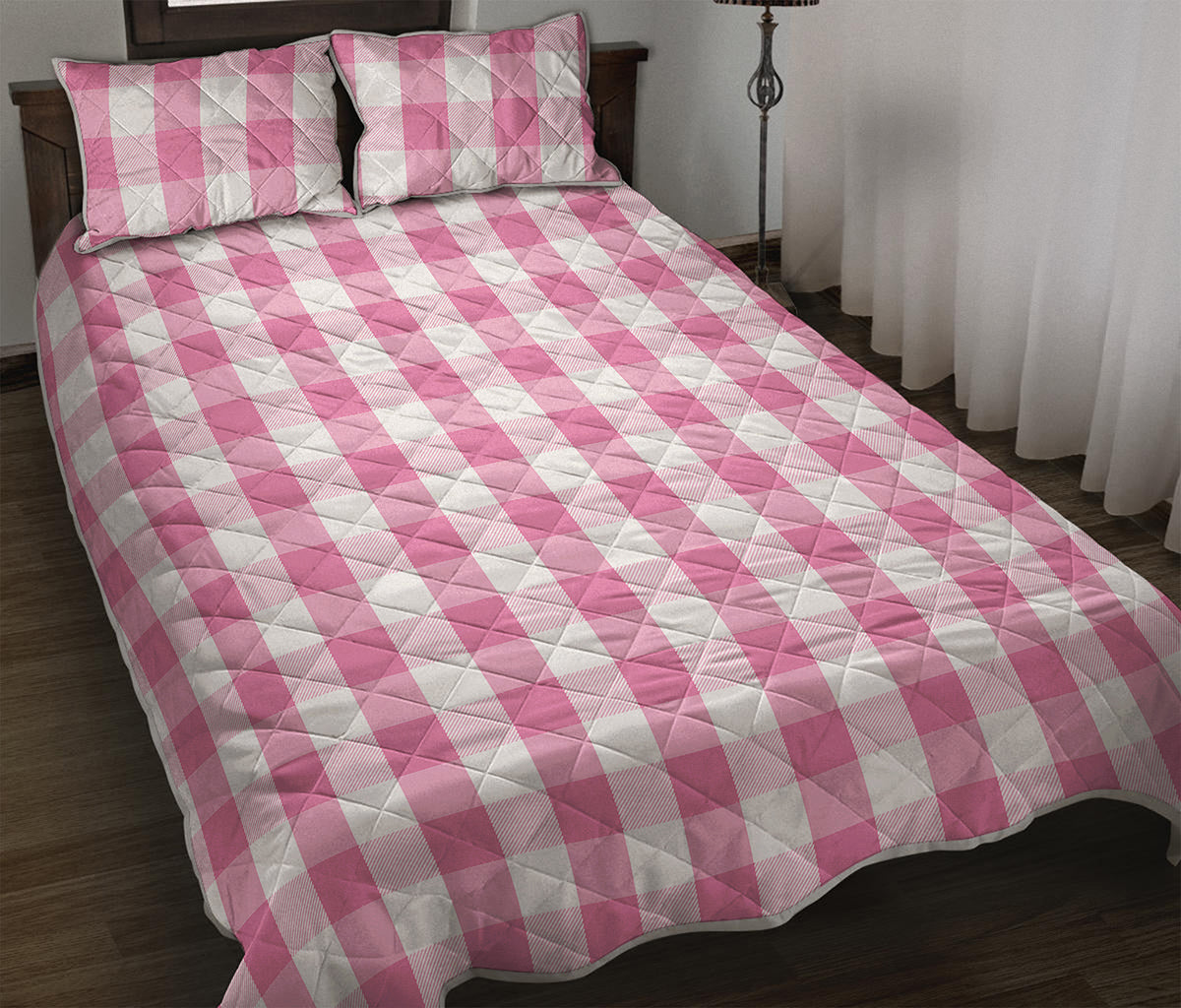 Pink And White Check Pattern Print Quilt Bed Set