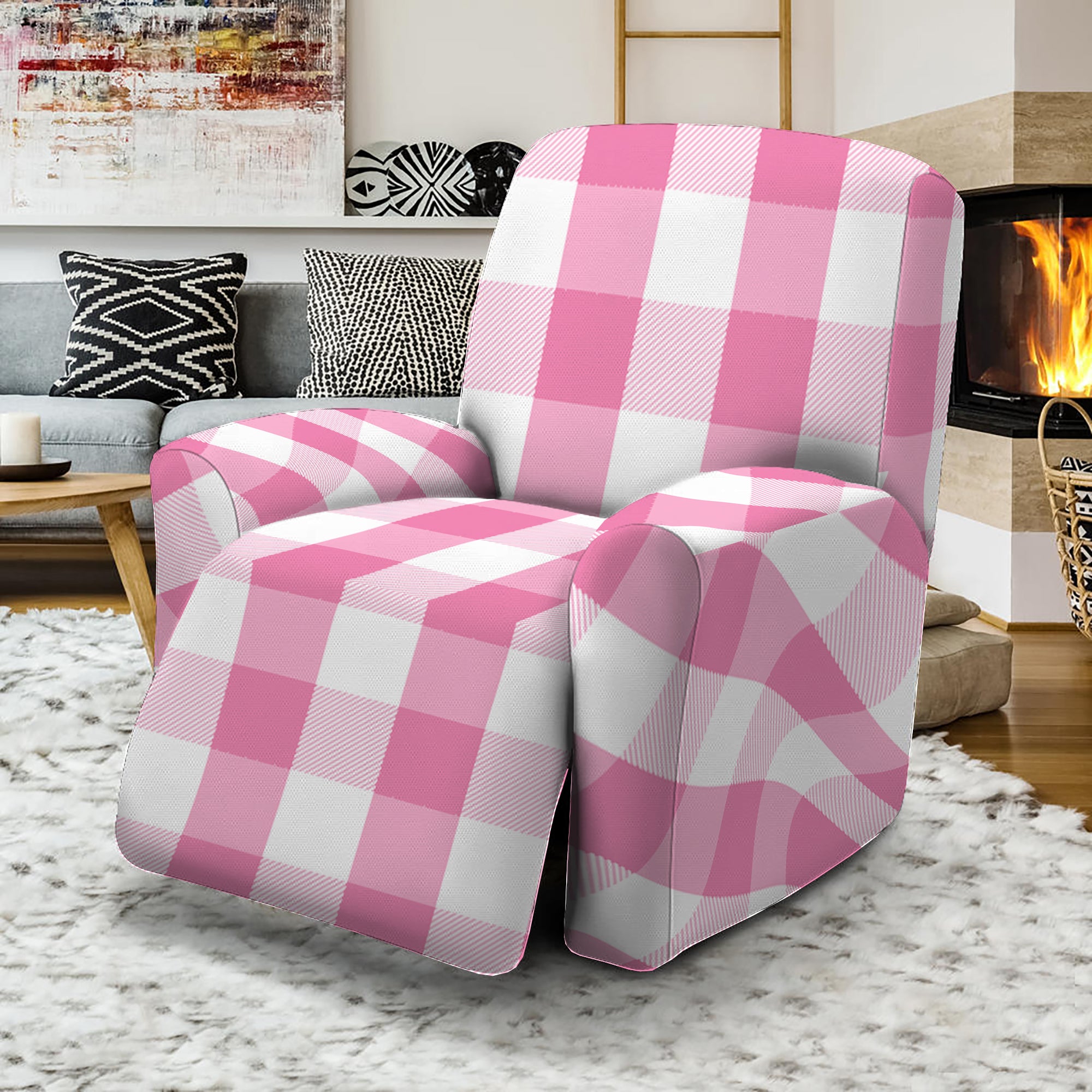 Pink And White Check Pattern Print Recliner Slipcover