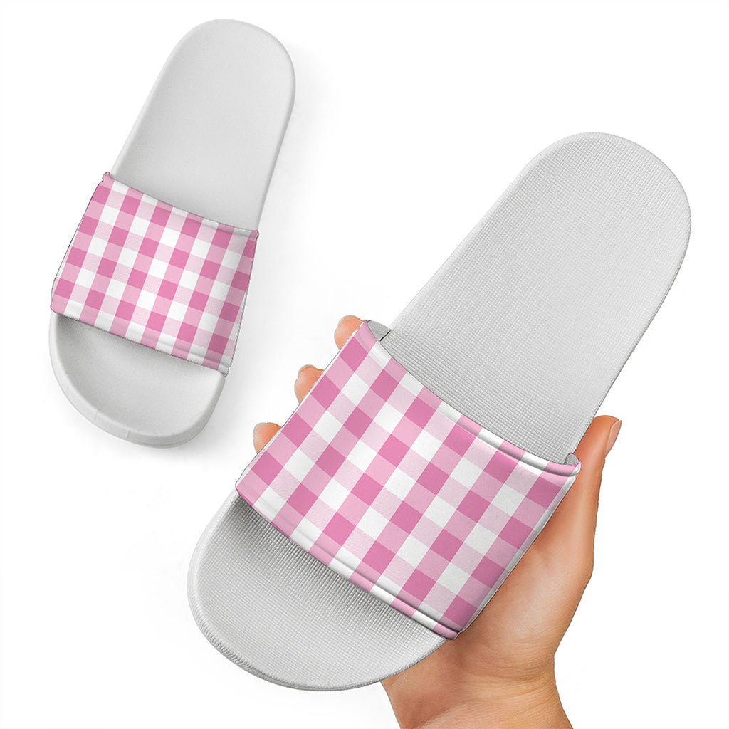 Pink And White Check Pattern Print White Slide Sandals