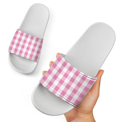 Pink And White Check Pattern Print White Slide Sandals