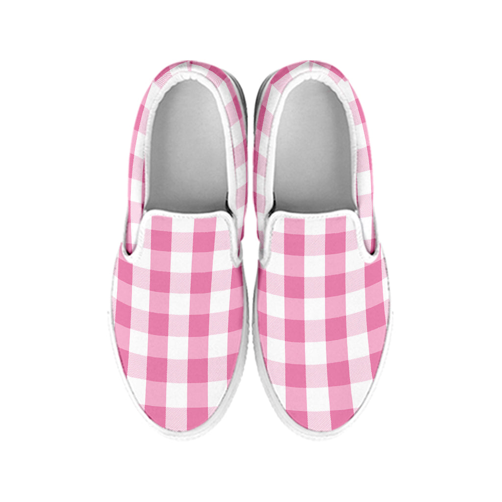 Pink And White Check Pattern Print White Slip On Shoes