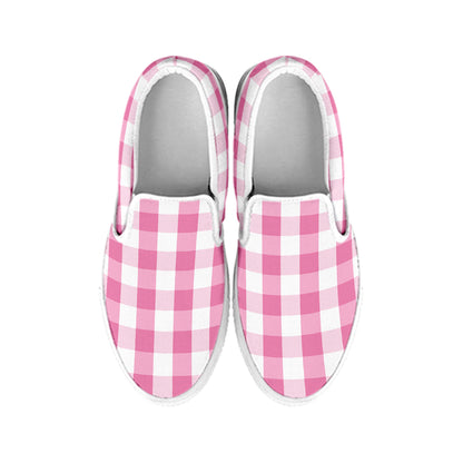 Pink And White Check Pattern Print White Slip On Shoes