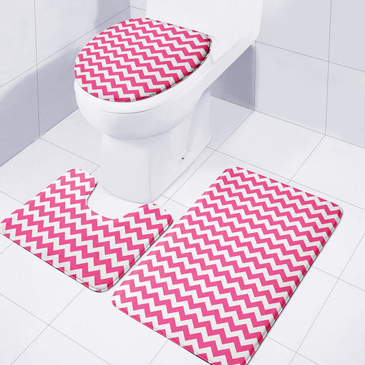 Pink And White Chevron Pattern Print 3 Piece Bath Mat Set