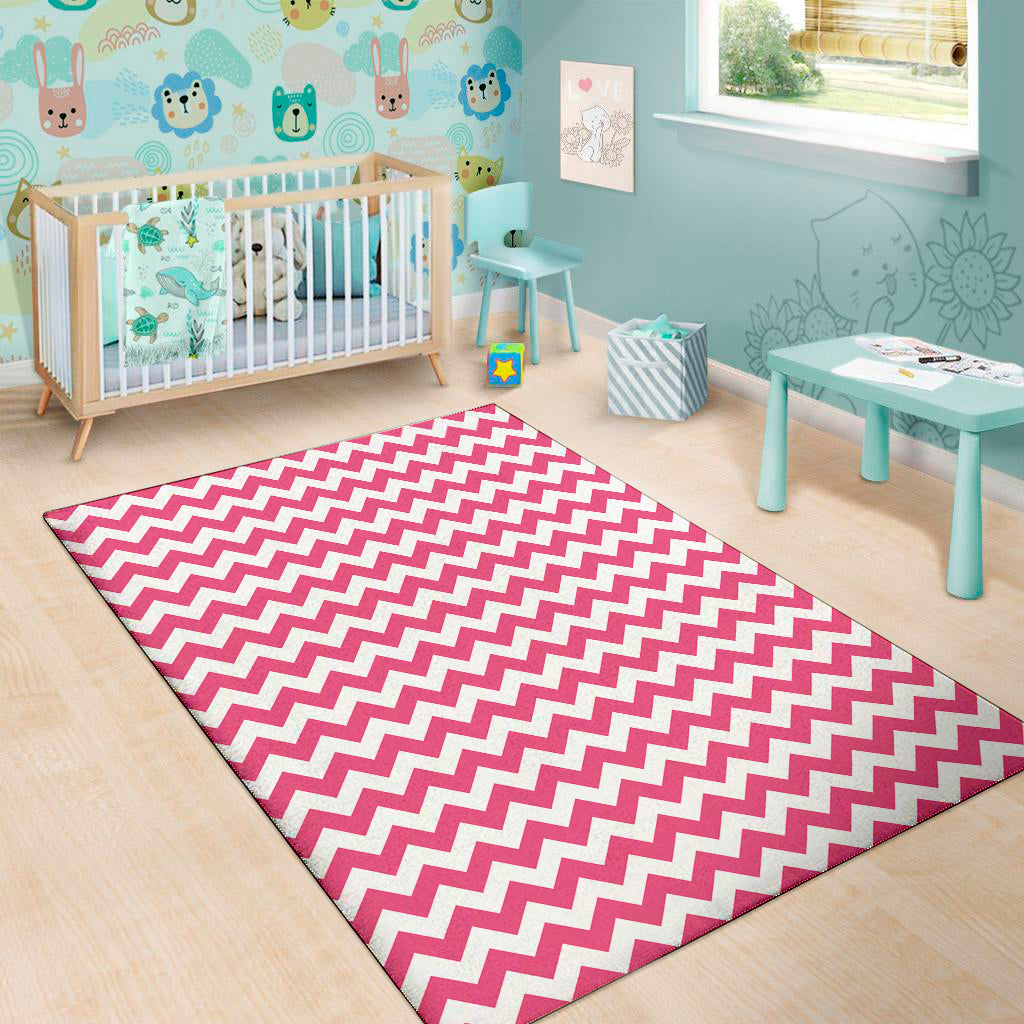 Pink And White Chevron Pattern Print Area Rug