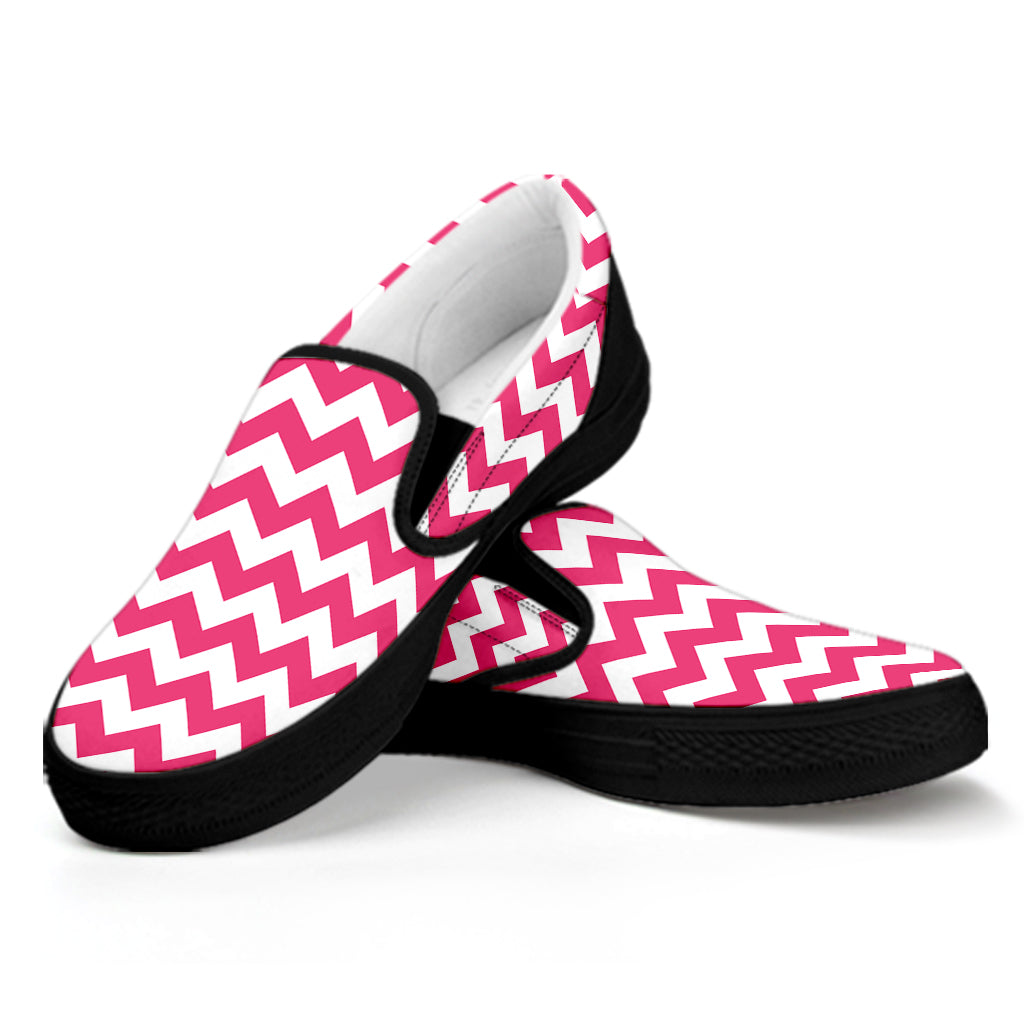 Pink And White Chevron Pattern Print Black Slip On Shoes
