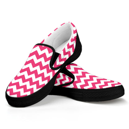 Pink And White Chevron Pattern Print Black Slip On Shoes
