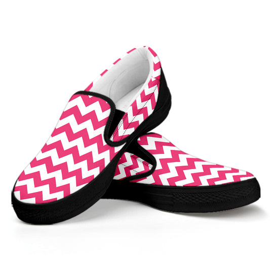 Pink And White Chevron Pattern Print Black Slip On Shoes