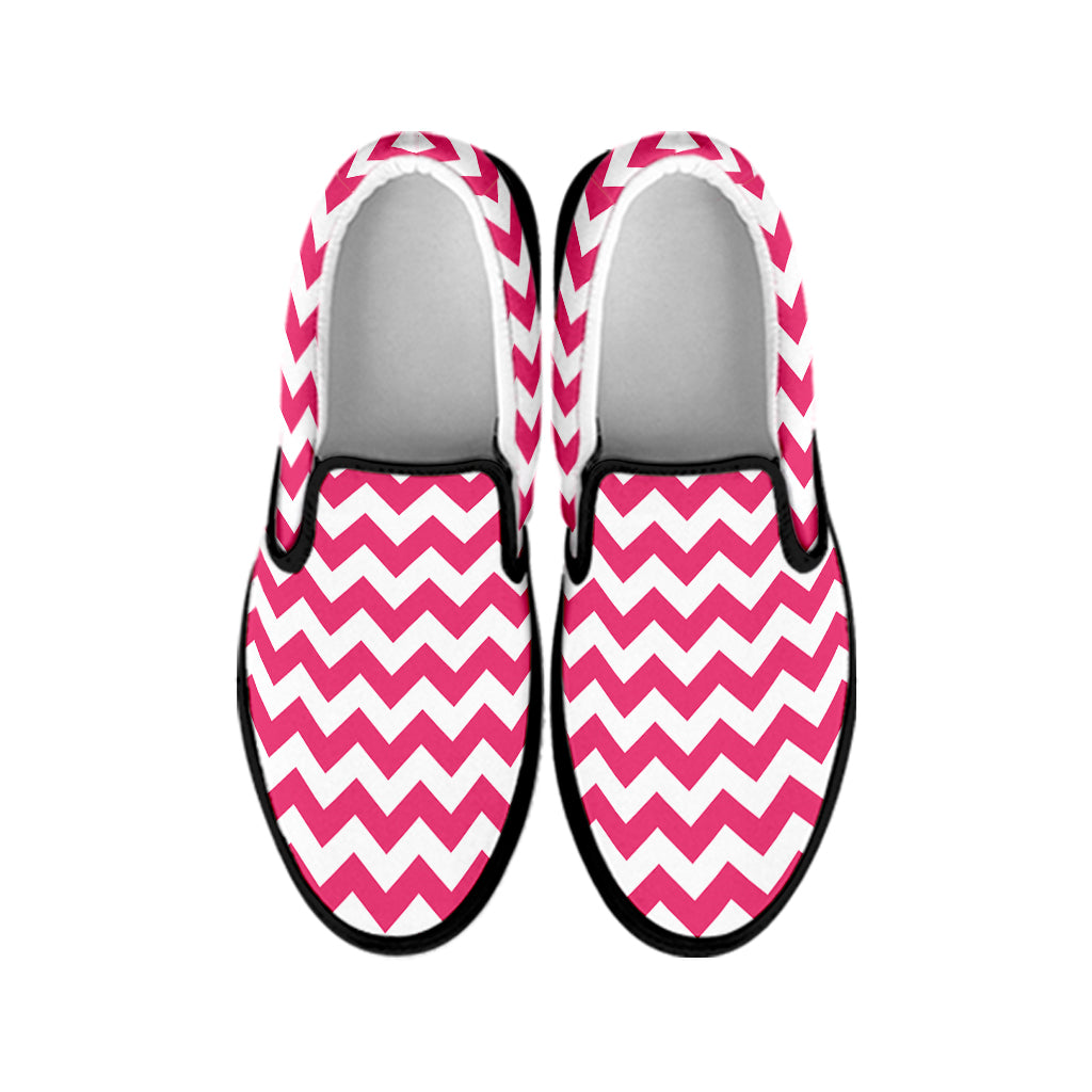Pink And White Chevron Pattern Print Black Slip On Shoes