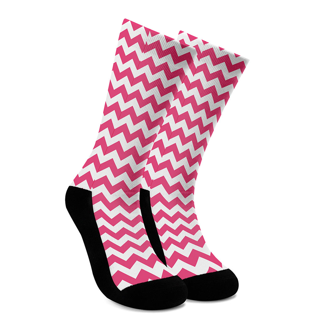 Pink And White Chevron Pattern Print Crew Socks