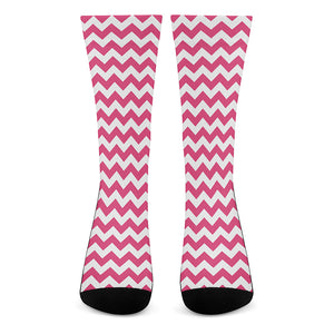 Pink And White Chevron Pattern Print Crew Socks