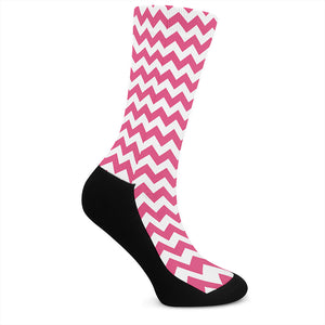 Pink And White Chevron Pattern Print Crew Socks