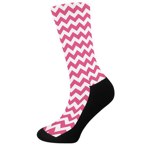 Pink And White Chevron Pattern Print Crew Socks