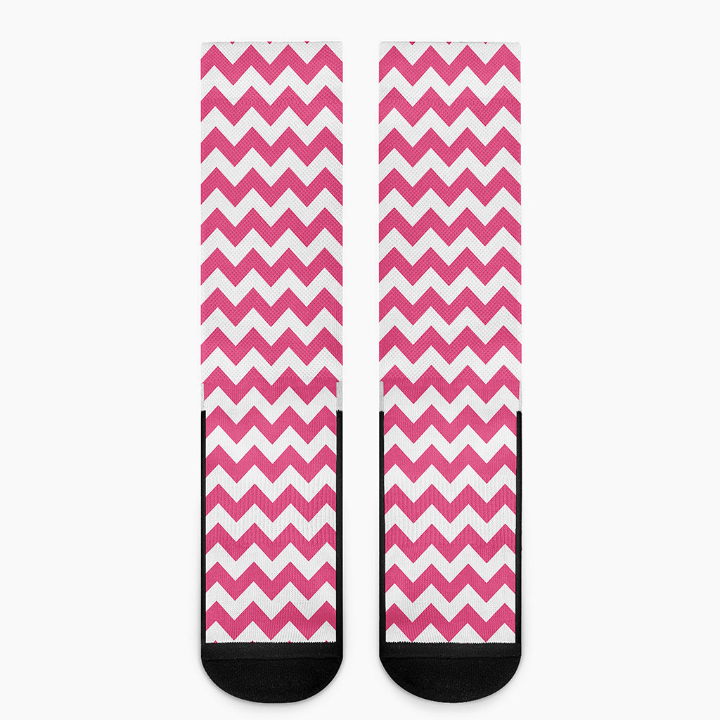 Pink And White Chevron Pattern Print Crew Socks