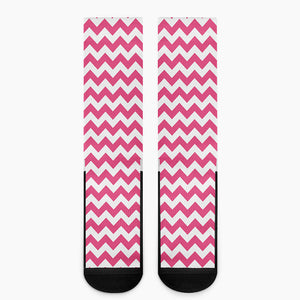 Pink And White Chevron Pattern Print Crew Socks