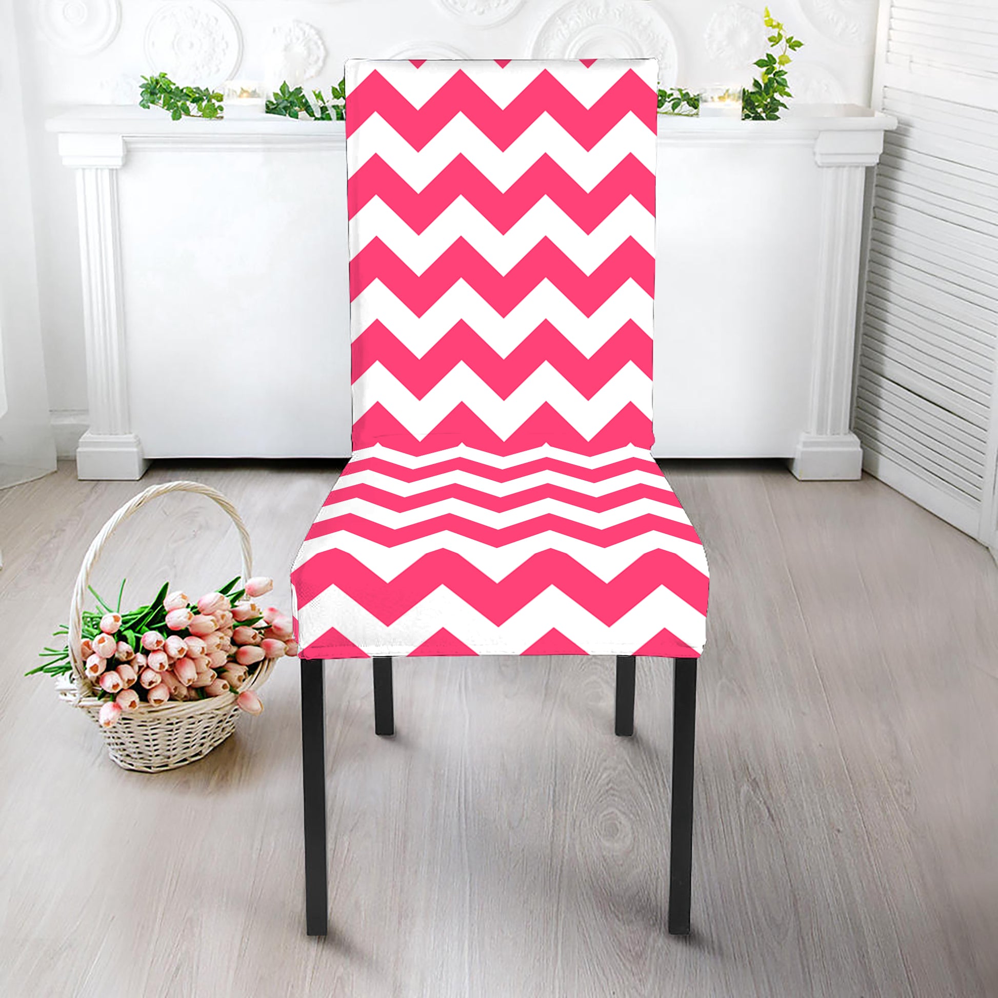 Pink And White Chevron Pattern Print Dining Chair Slipcover