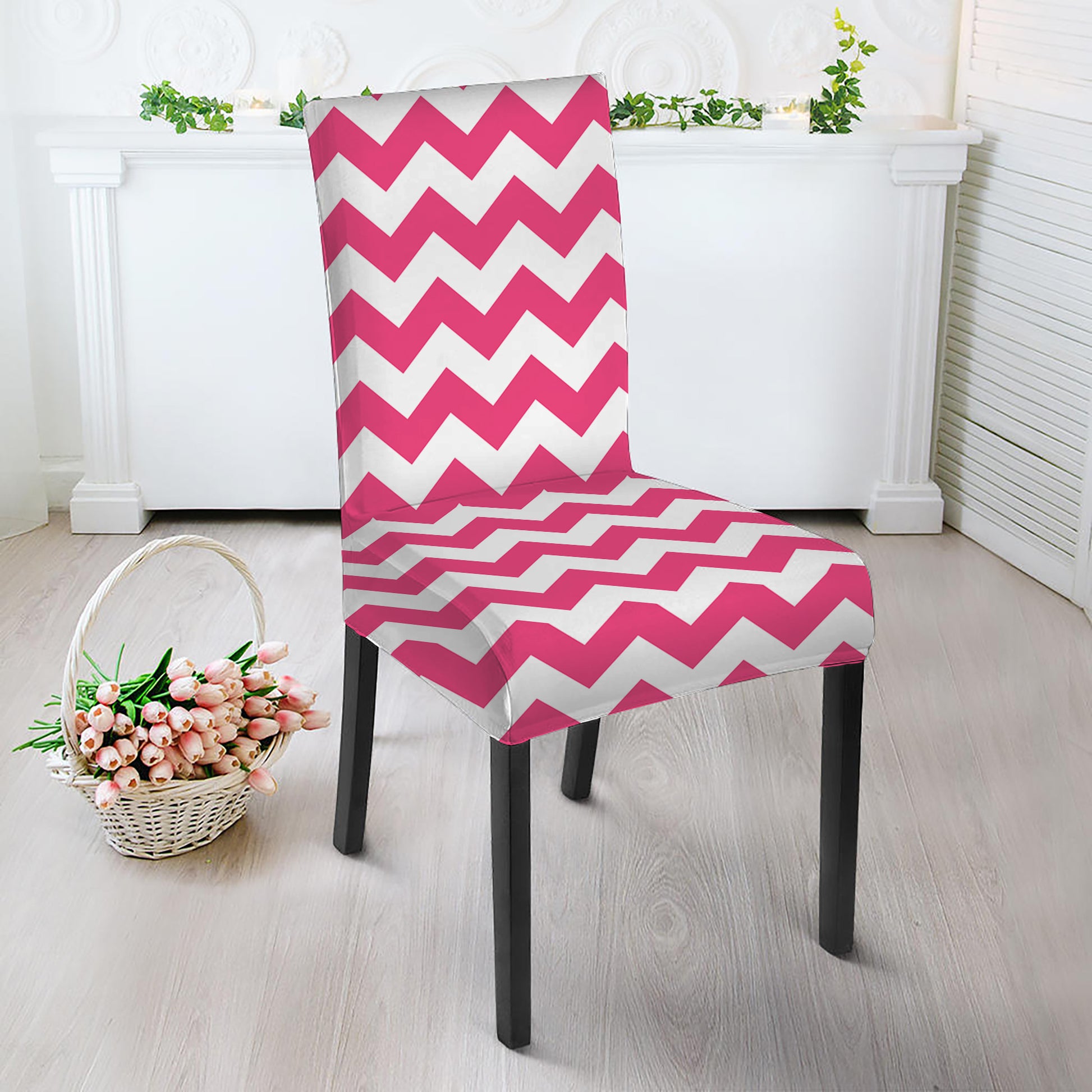Pink And White Chevron Pattern Print Dining Chair Slipcover