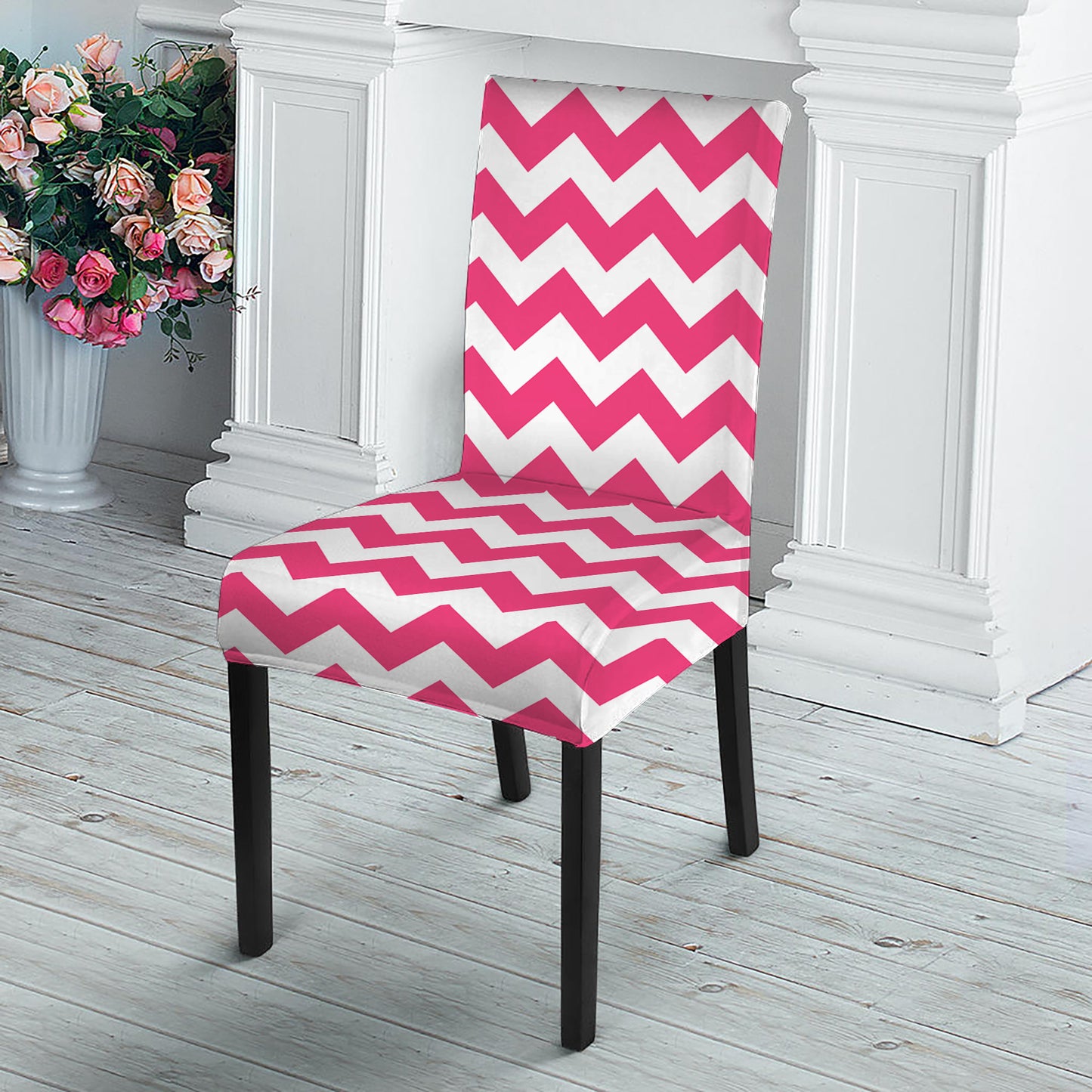 Pink And White Chevron Pattern Print Dining Chair Slipcover