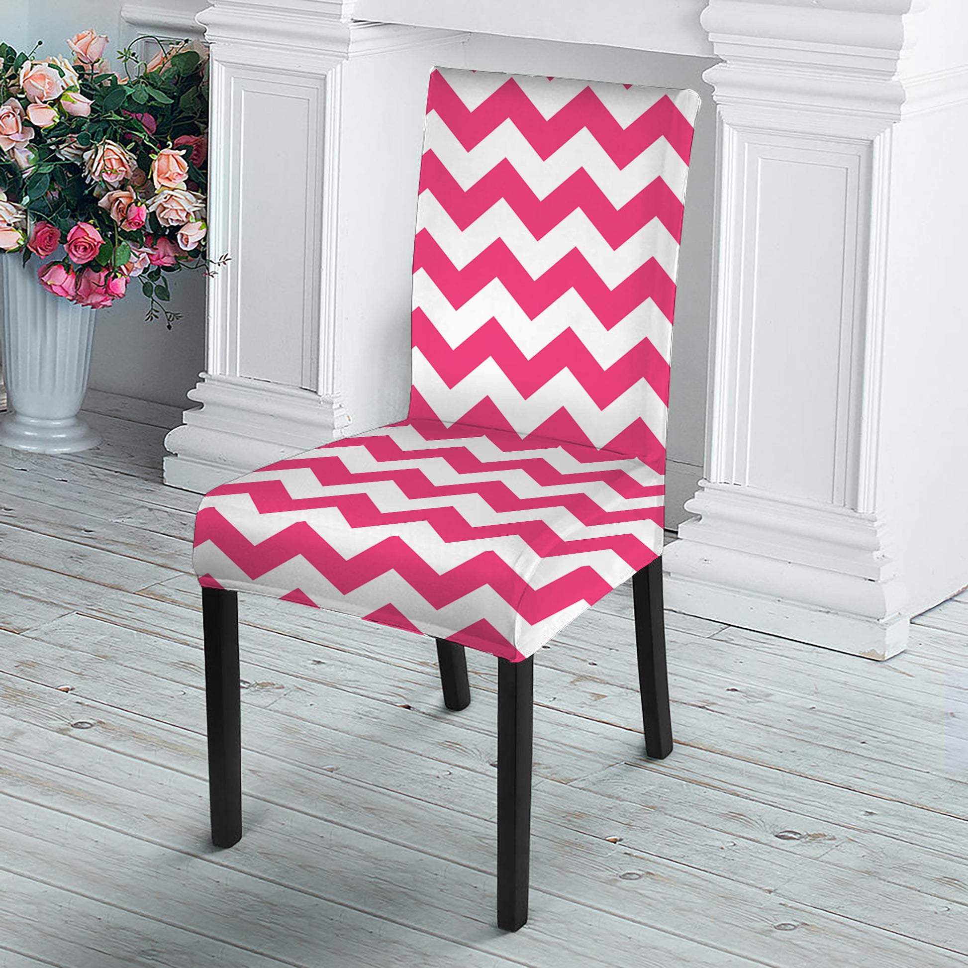 Pink And White Chevron Pattern Print Dining Chair Slipcover