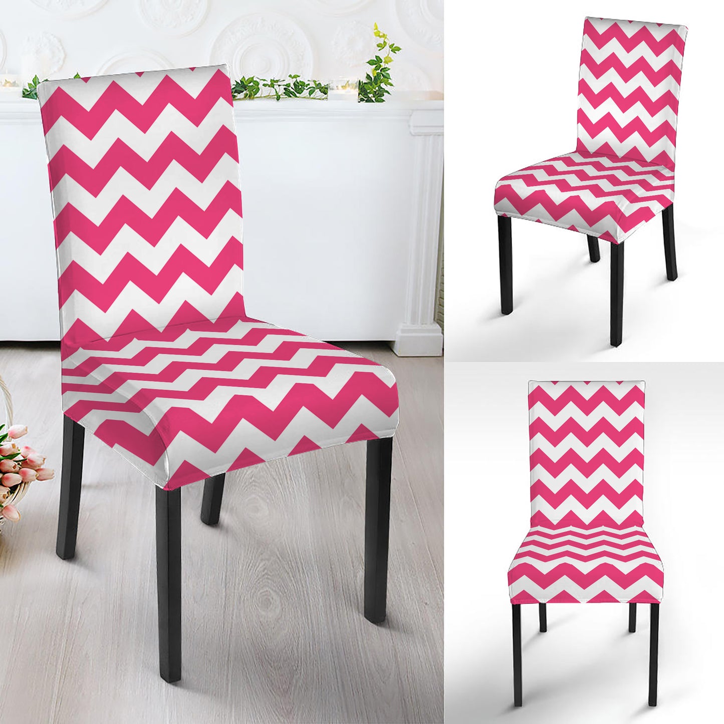 Pink And White Chevron Pattern Print Dining Chair Slipcover