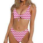 Pink And White Chevron Pattern Print Front Bow Tie Bikini