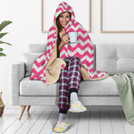 Pink And White Chevron Pattern Print Hooded Blanket