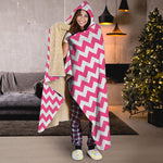 Pink And White Chevron Pattern Print Hooded Blanket
