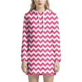 Pink And White Chevron Pattern Print Pullover Hoodie Dress